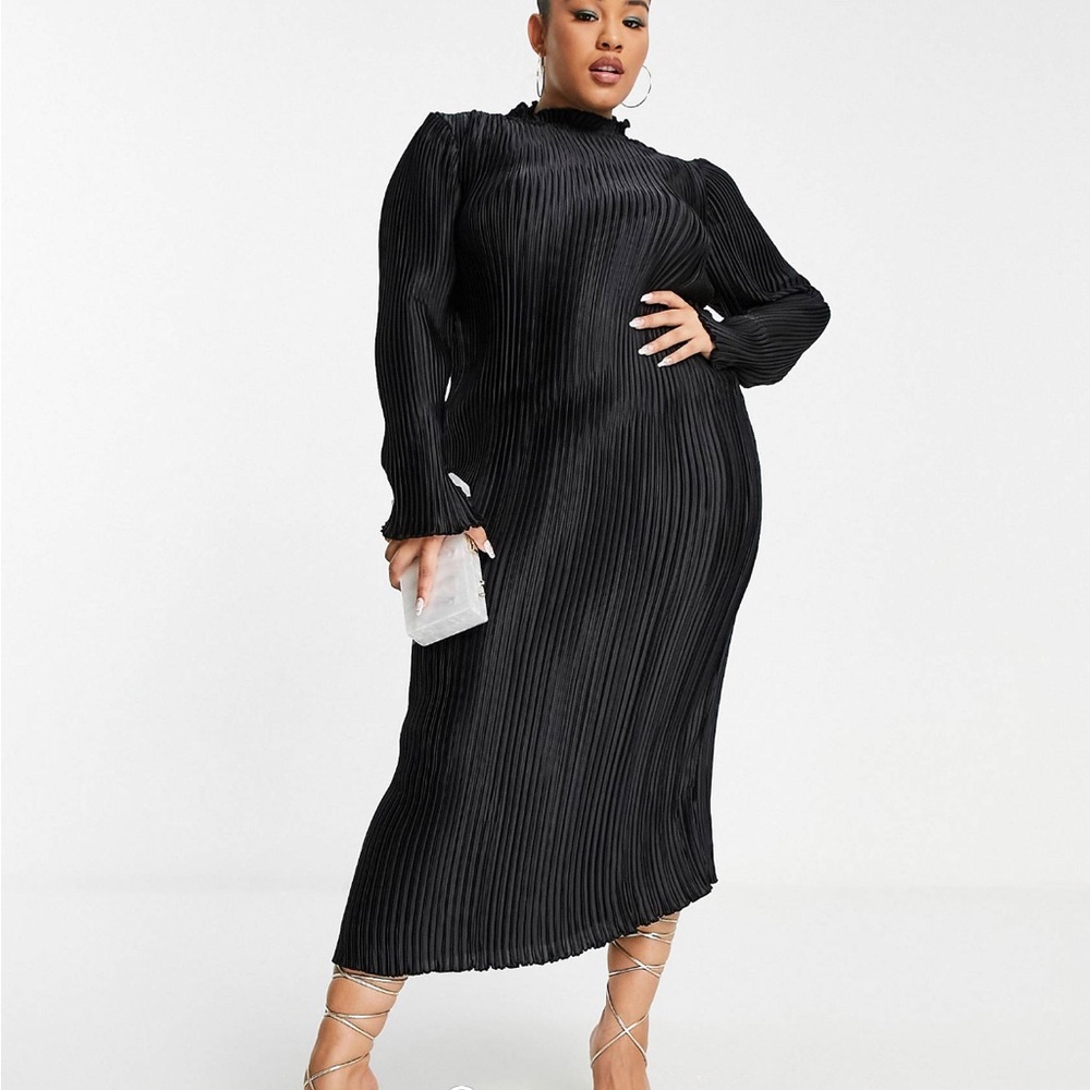 Black Satin Plisse Midi Dress long Sleeve